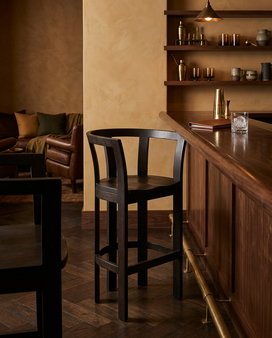 Bar-Height Wood Stool styled in an elegant room setting