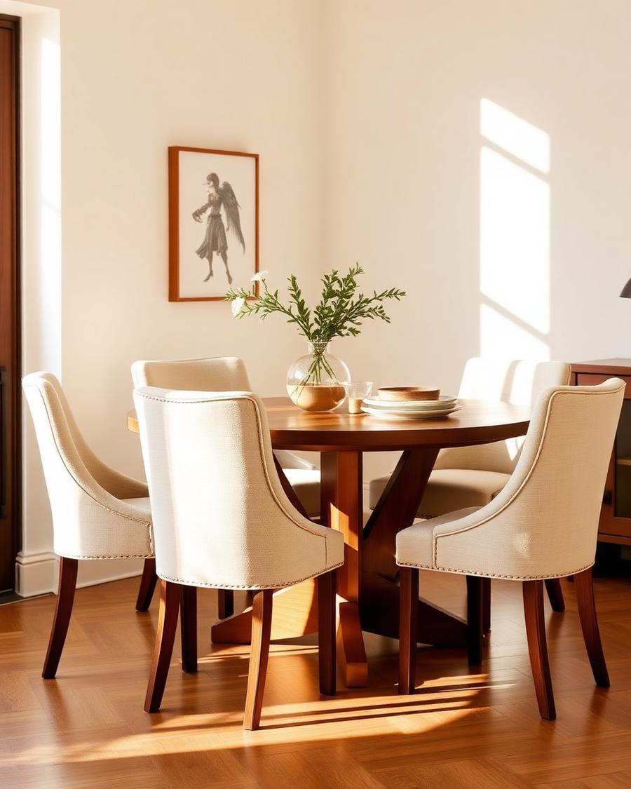 Upholstered linen dining chairs in a sunlit room
