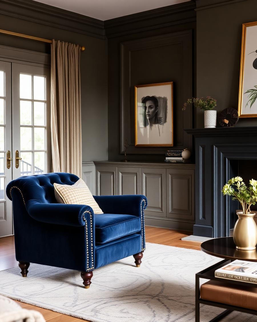 Finished navy velvet lounge chair with nailhead trim