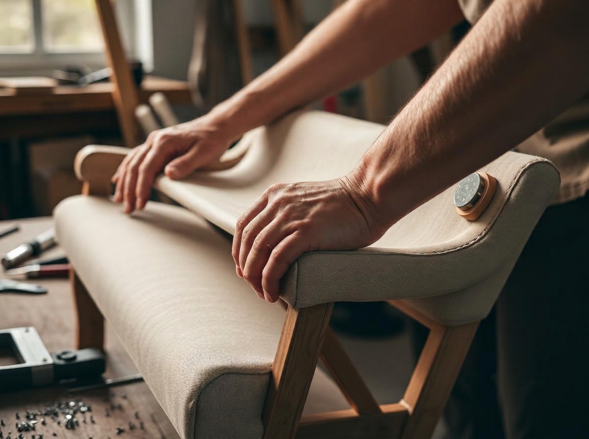 Upholsterer stretching linen over a chair frame in the workshop