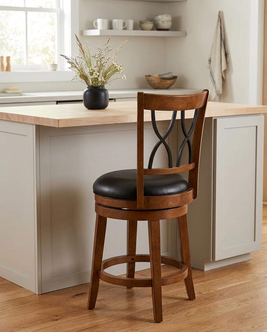 H — The Black Leather-Look Swivel Bar Stool, with its crossed black lattice and wood back, pulled up to a casual kitchen island beside a small black potted plant.