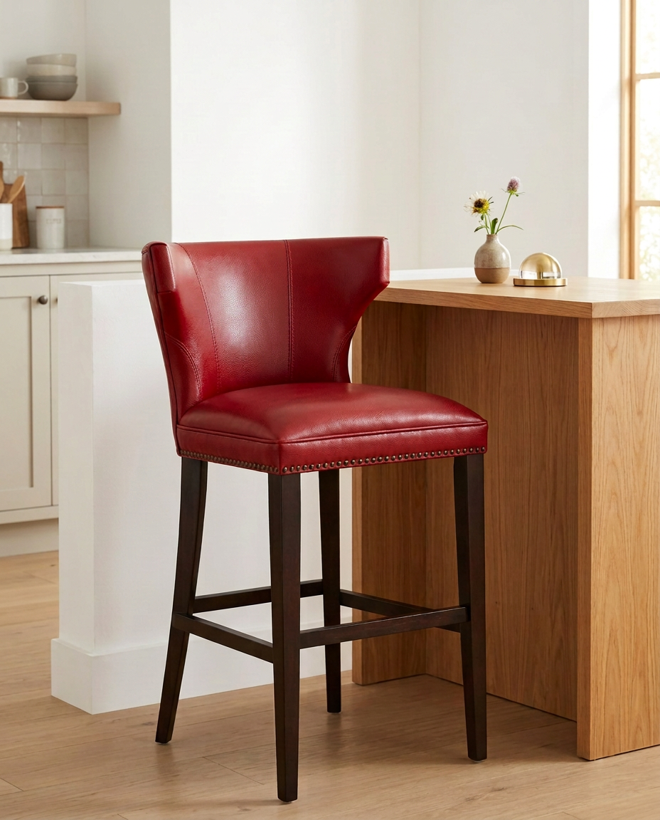D — The Red Leather-Look Chair in bar-stool height, pulled up to a light wood kitchen island.