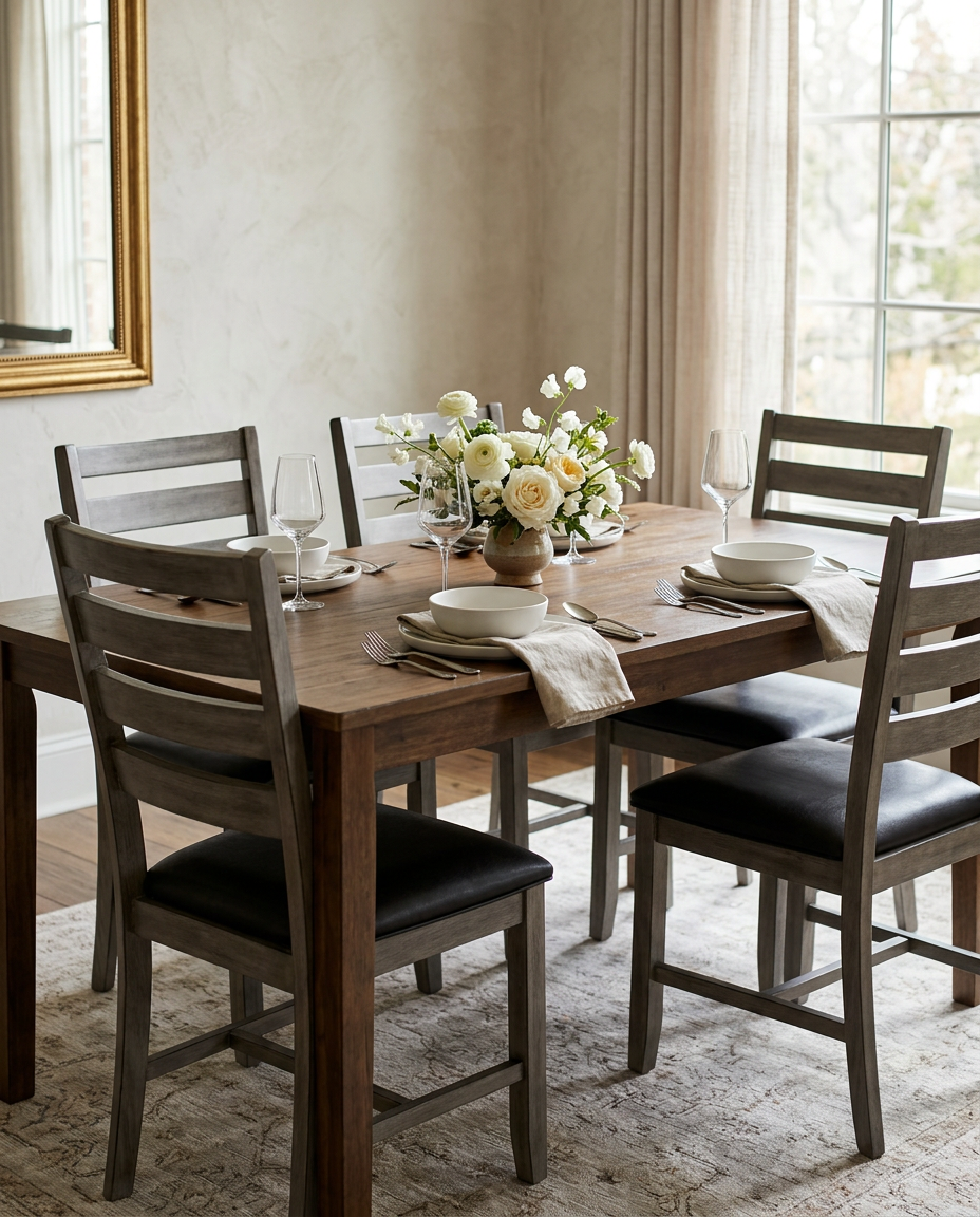 Four grey ladder-back chairs with black upholstered seats around a set dining table with white dinnerware and a simple flower centerpiece