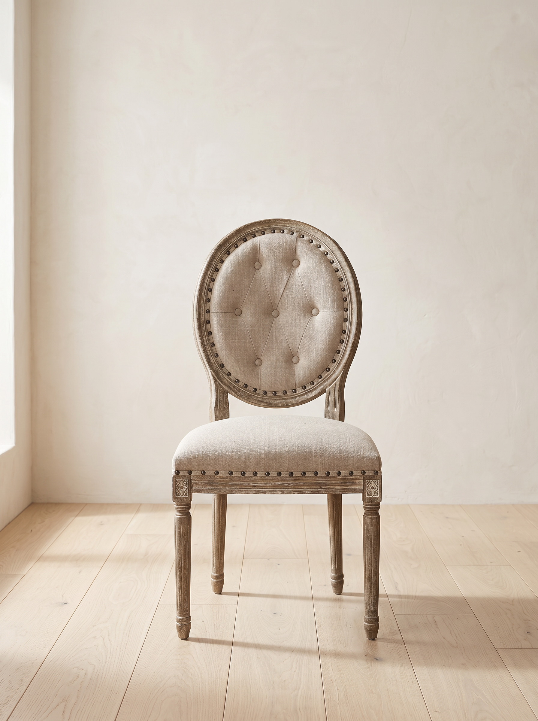 The Round Tufted Linen Chair on the J&S showroom floor in Atlanta