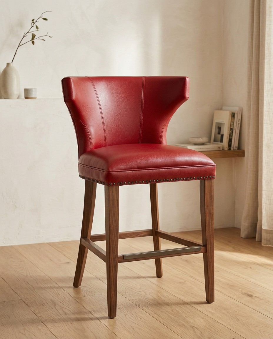 The Red Leather-Look Bar Stool styled in an elegant room setting