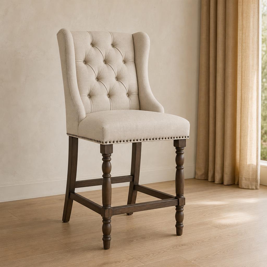 Tufted Linen Wing Stool on the J&S showroom floor in Atlanta